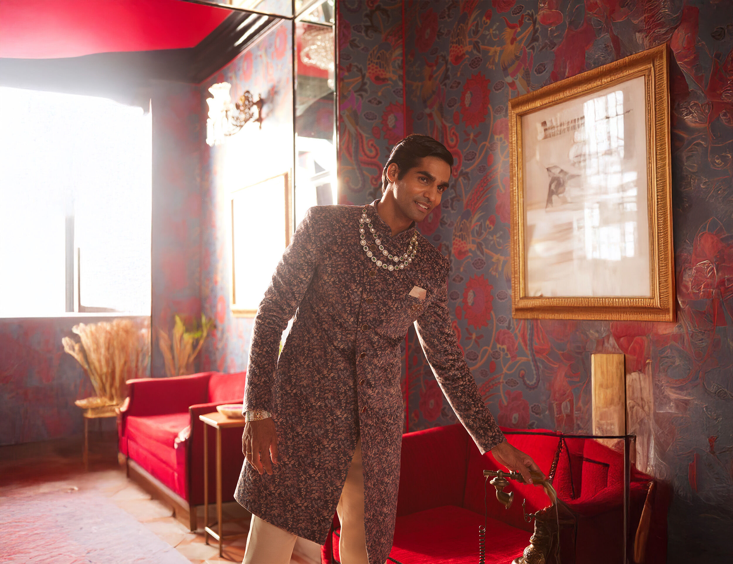 Wine Sequined Sherwani Set